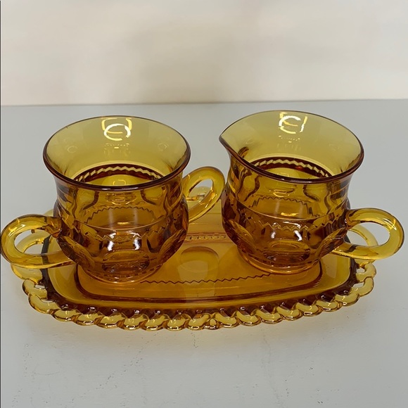 🆕Vintage Amber Glass Creamer & Sugar & Tray